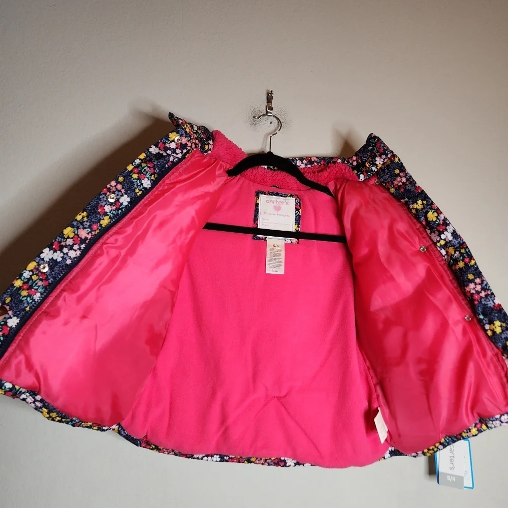 NWT‎ Carters Snow Set Bibs & Puffer Coat Fleece Lined Blue Pink Floral Size S/4